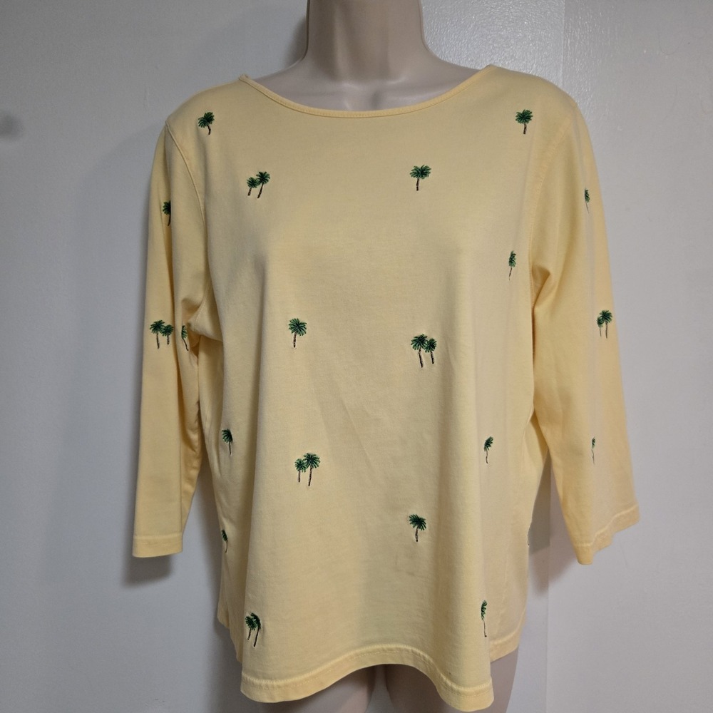 Talbots Womens Top Sz‎ PL Yellow Palm Tree Embroidered Round Neck 3/4 Sleeve